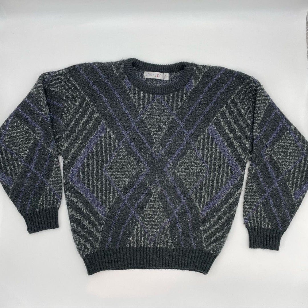 Vintage Jantzen Sweater Men Pullover Argyle Geometric Gray Purple Size Large