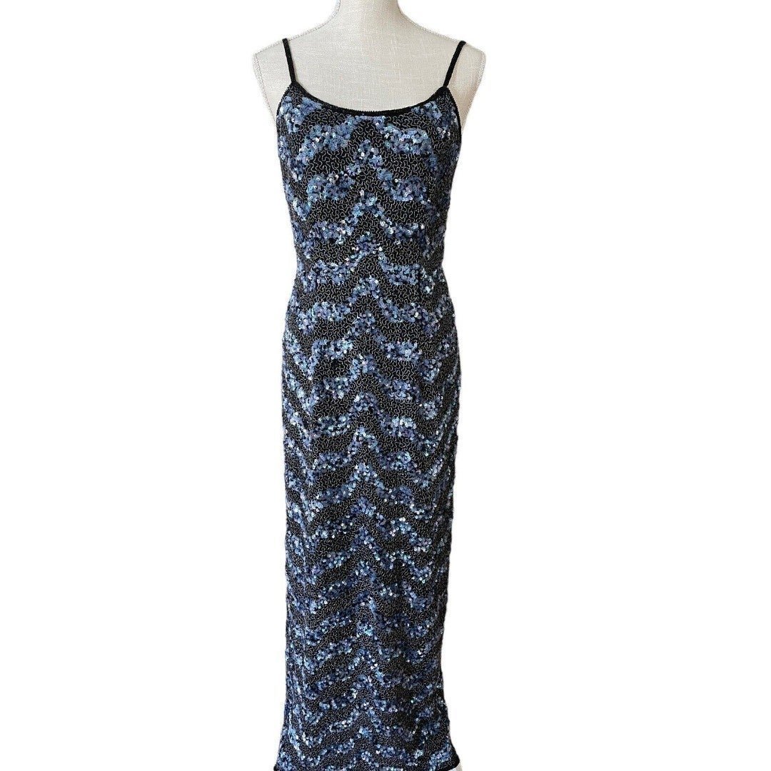 Adrianna Papell Boutique Beaded Black Blue Silk Evening Gown Dress Size 8 Mtg