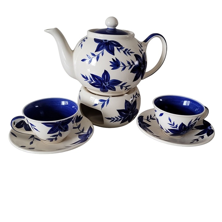 Hues n Brews Teapot Set 2 Tea Cups Saucers Tea Pot & Candle Warmer Blue Floral