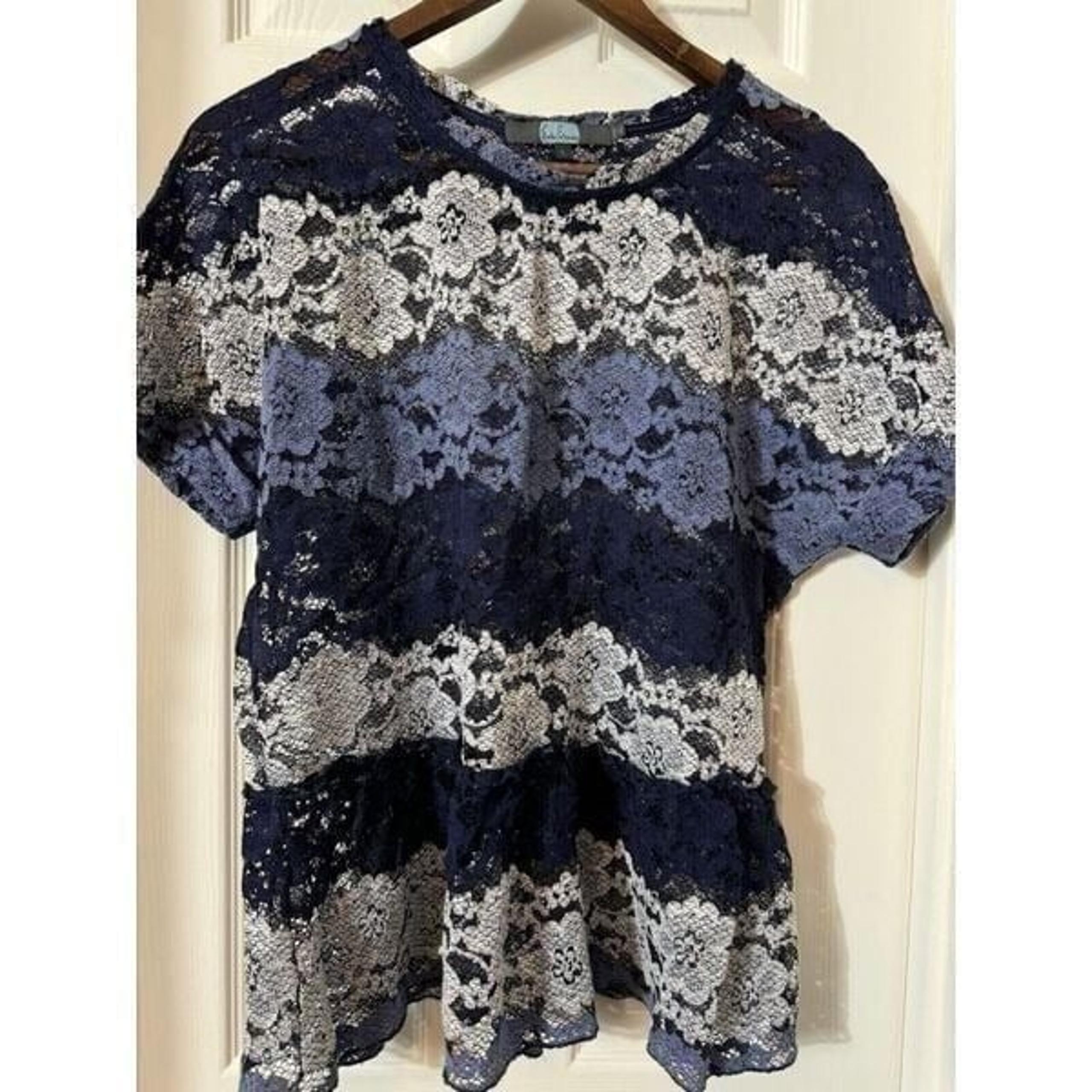 Eva Franco Anthropologie Sheer Striped Lace Peplum Top Blouse Size L Navy Blue