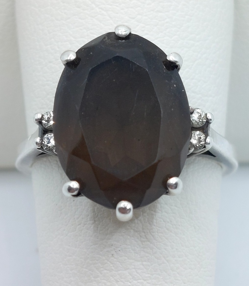 12ct Oval Smokey Topa,/Quartz Diamond Accent .925 Sterling Ring Size 9