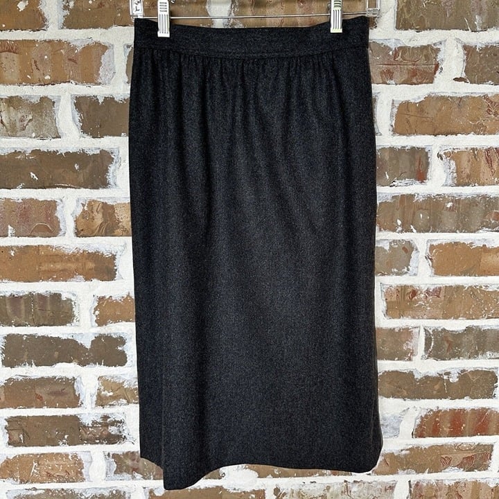 Vintage Escada Midi Skirt A-line Wool Charcoal Gray Leather Trim Size 38 EUC