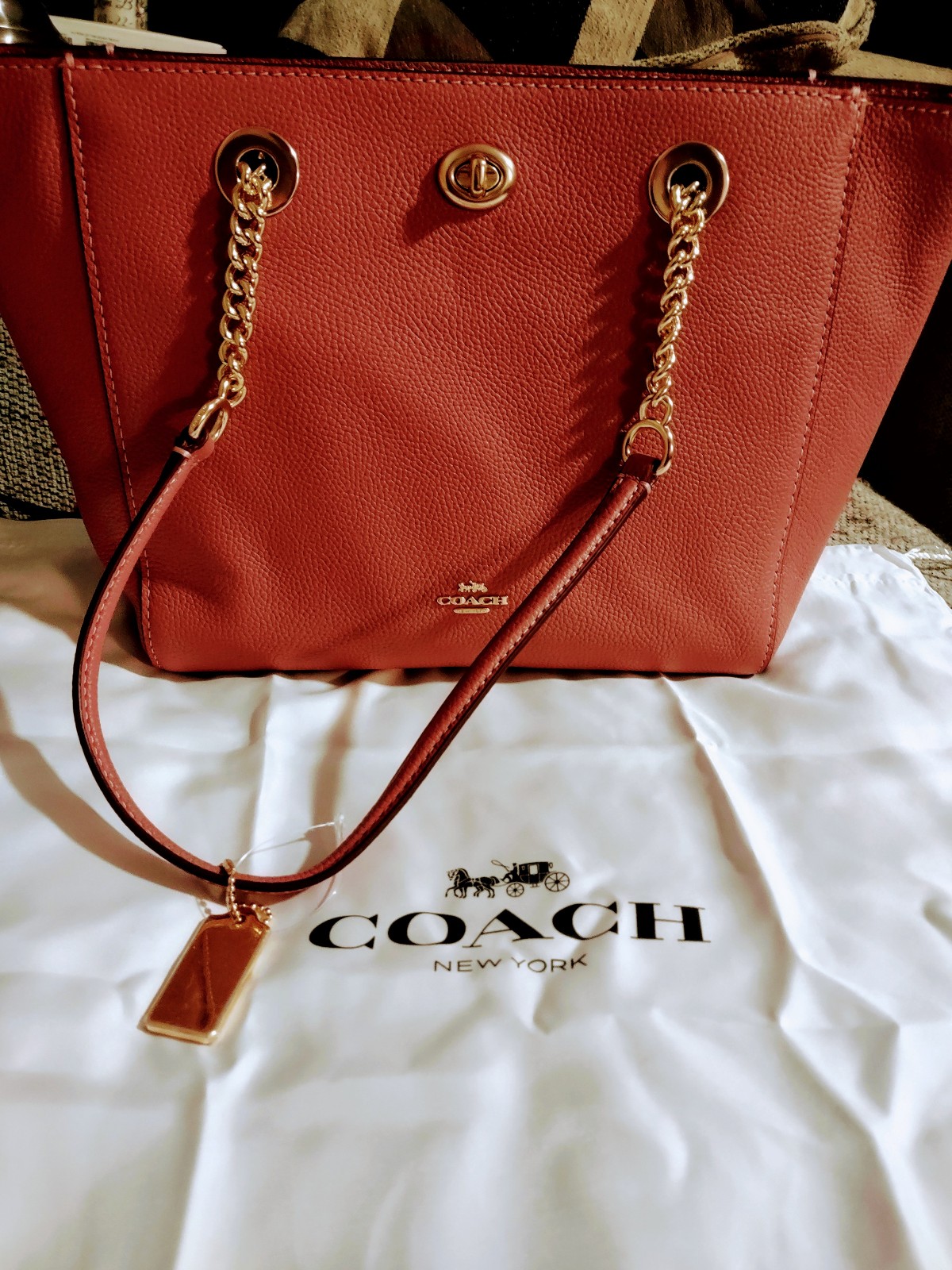 Coach Pebble Leather Turnlock Chain Tote 2 Rose Gold