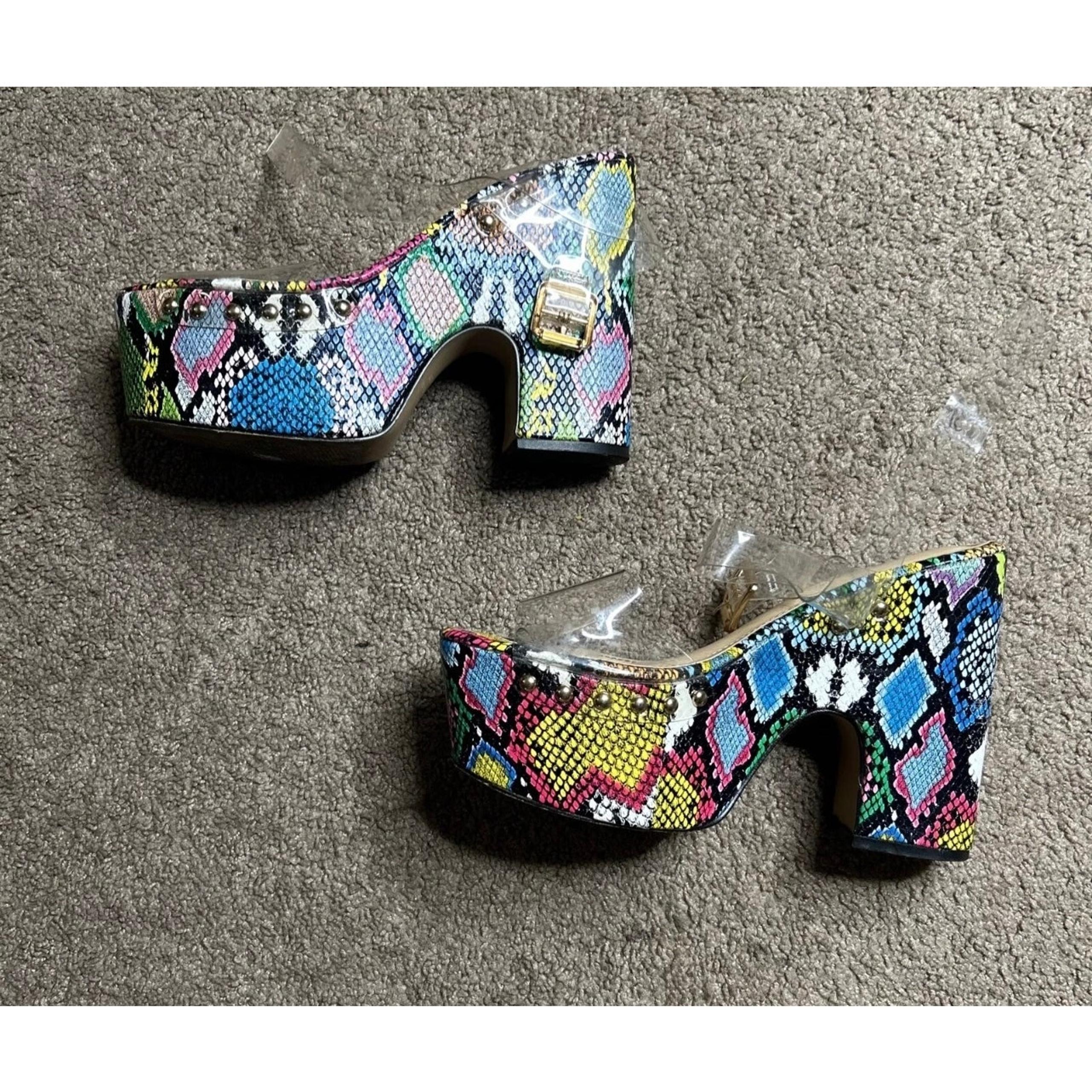Women’s Size 9 Liliana Multicolor Snakeprint Clear Platform Heels