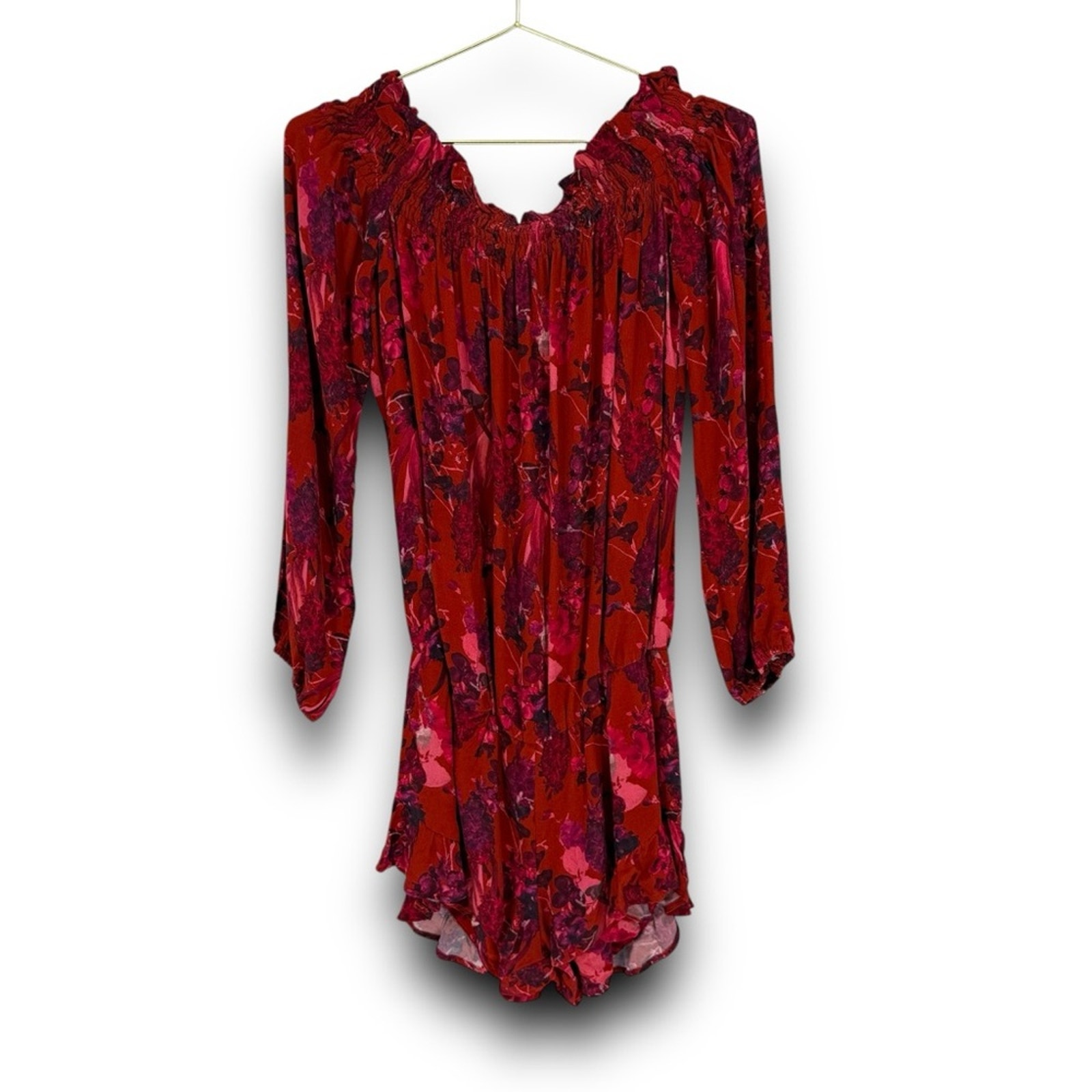 NWT BEACH RIOT Lantern Romper S Red Floral Off The Shoulder Long Sleeve Ruffle