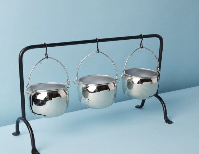 Broomstick Halloween Cauldron Serving Trio Silver Snack Candy Witch Decor 17”