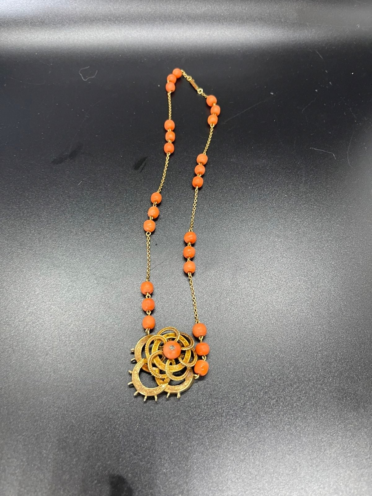 Antique 18k gold coral diamond necklace