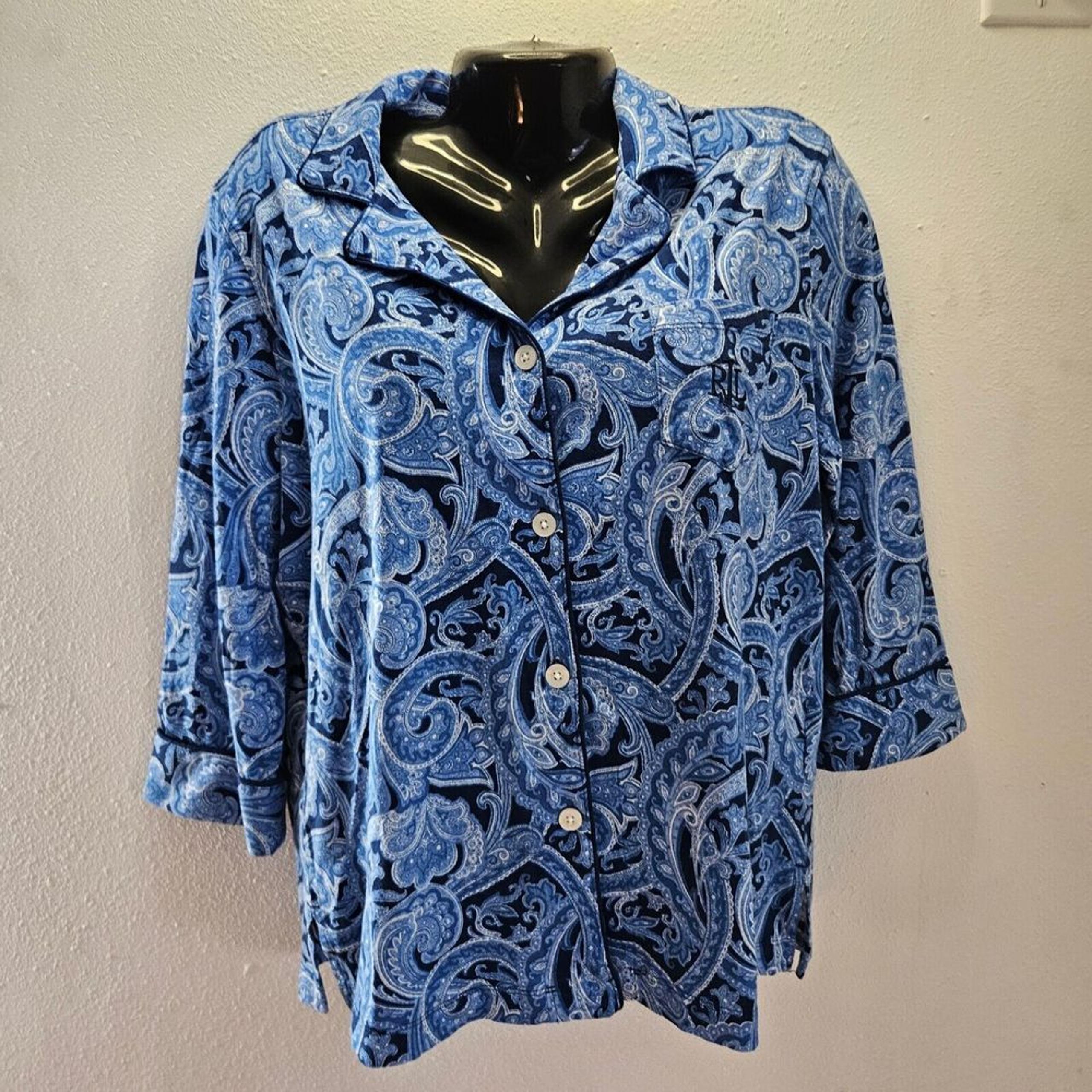 Lauren Ralph Lauren Womens Pajama Top Blue Paisley Size Medium Long Sleeves