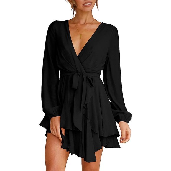 Cosonsen Women Dress V-Neck Long Sleeve Waist Tie Ruffle Mini Swing Skater Dress