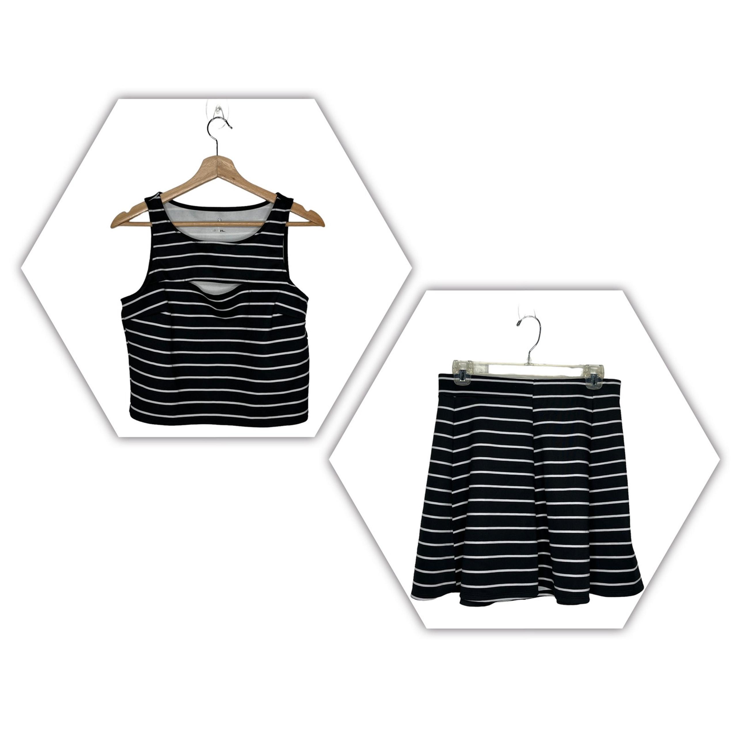 Decree Women's Black White Striped Tennis Sleeveless Top & Mini Skirt Set Large