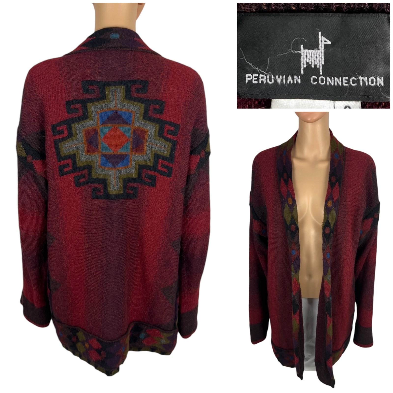 PERUVIAN CONNECTION Cardigan Small 100% Alpaca Southwestern Aztec Open Front Red