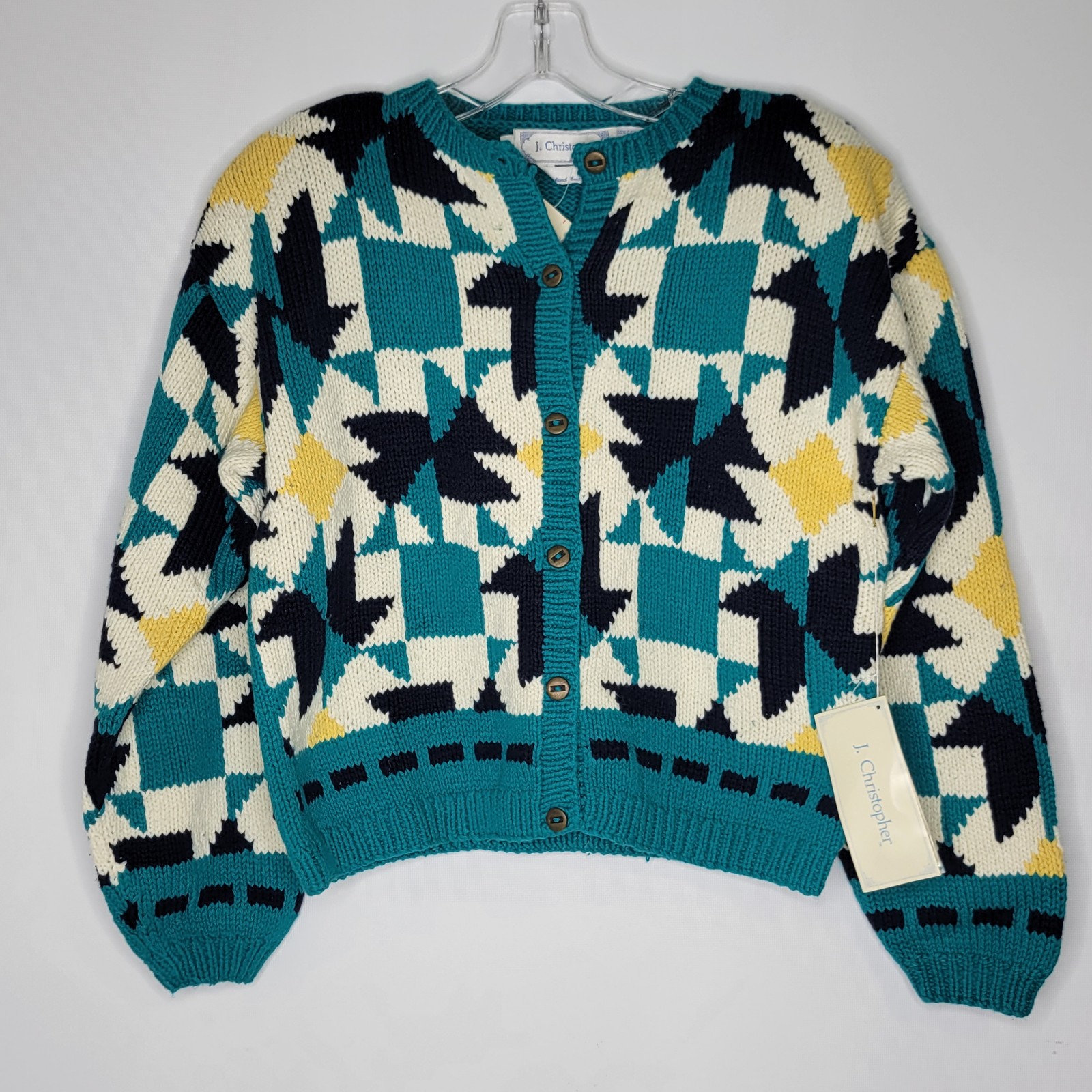 Vintage J. Christopher Small Hand Knitted Cotton Colorful Cardigan Geometric