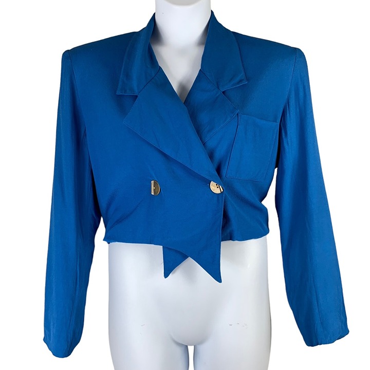 Vintage Cropped Blazer Size Large Blue Button Front Shoulder Pads Tina Hagen