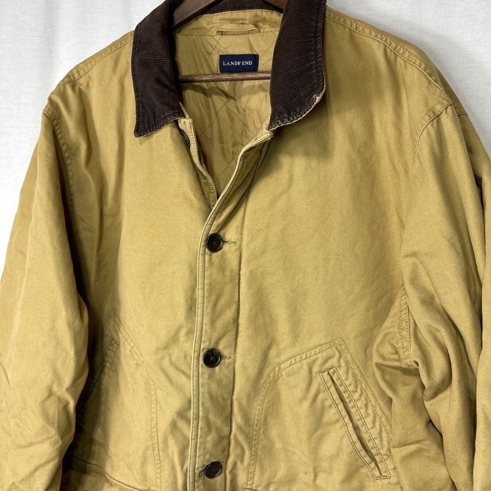 Land's End tan Canvas Barn Jacket Men's XXL Field Chore Coat Corduroy Collar