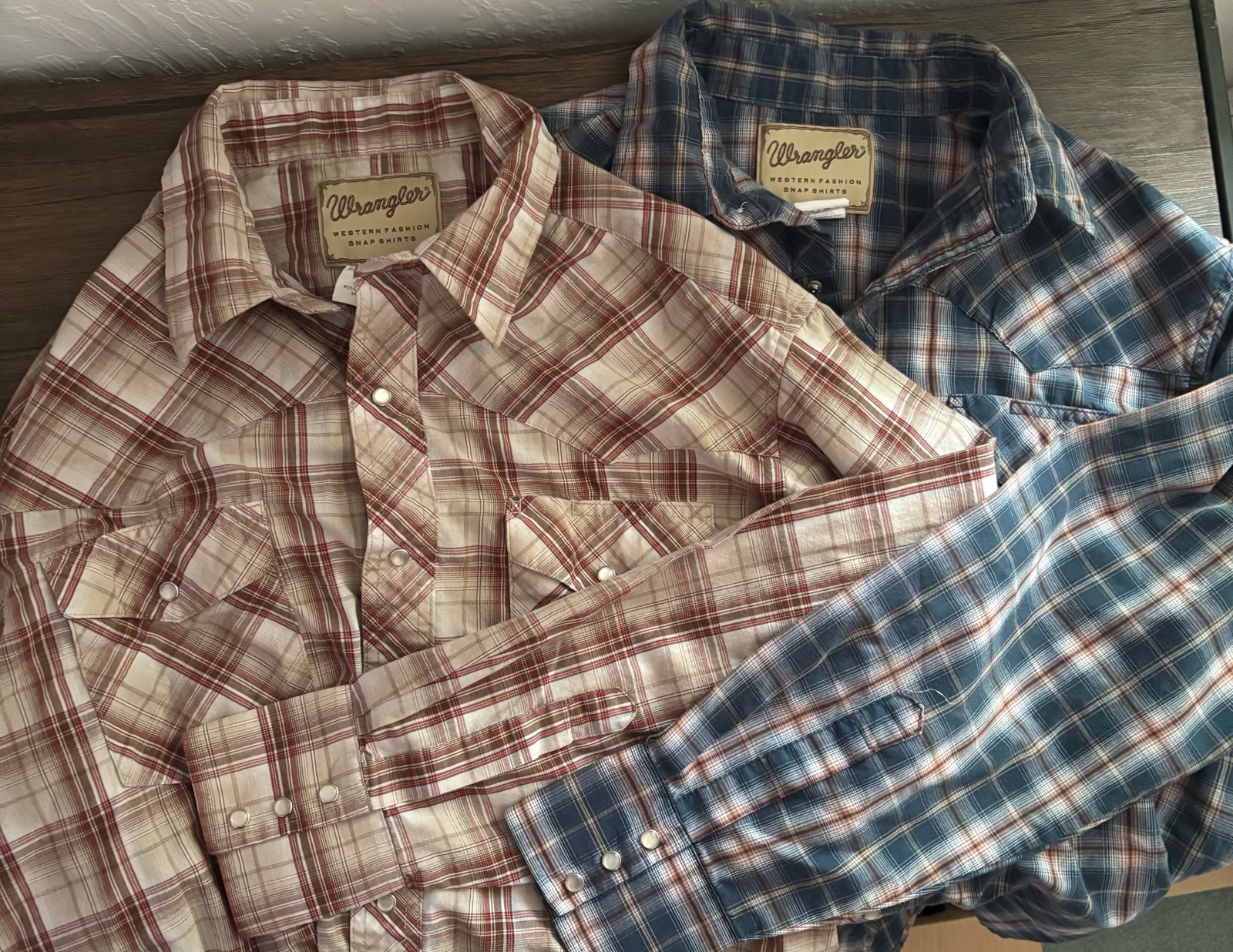 Lot Of 2 Wrangler Western Long Sleeve Pearl Snaps Shirt Mens L Plaid Brown Blue