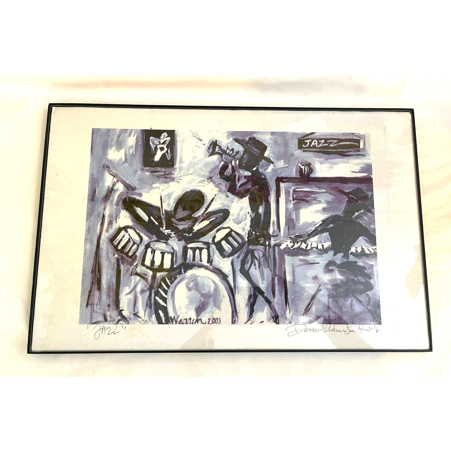 Dammen Warren JAZZ Music Drummer Horn Keyboard Signed Artwork Framed Art