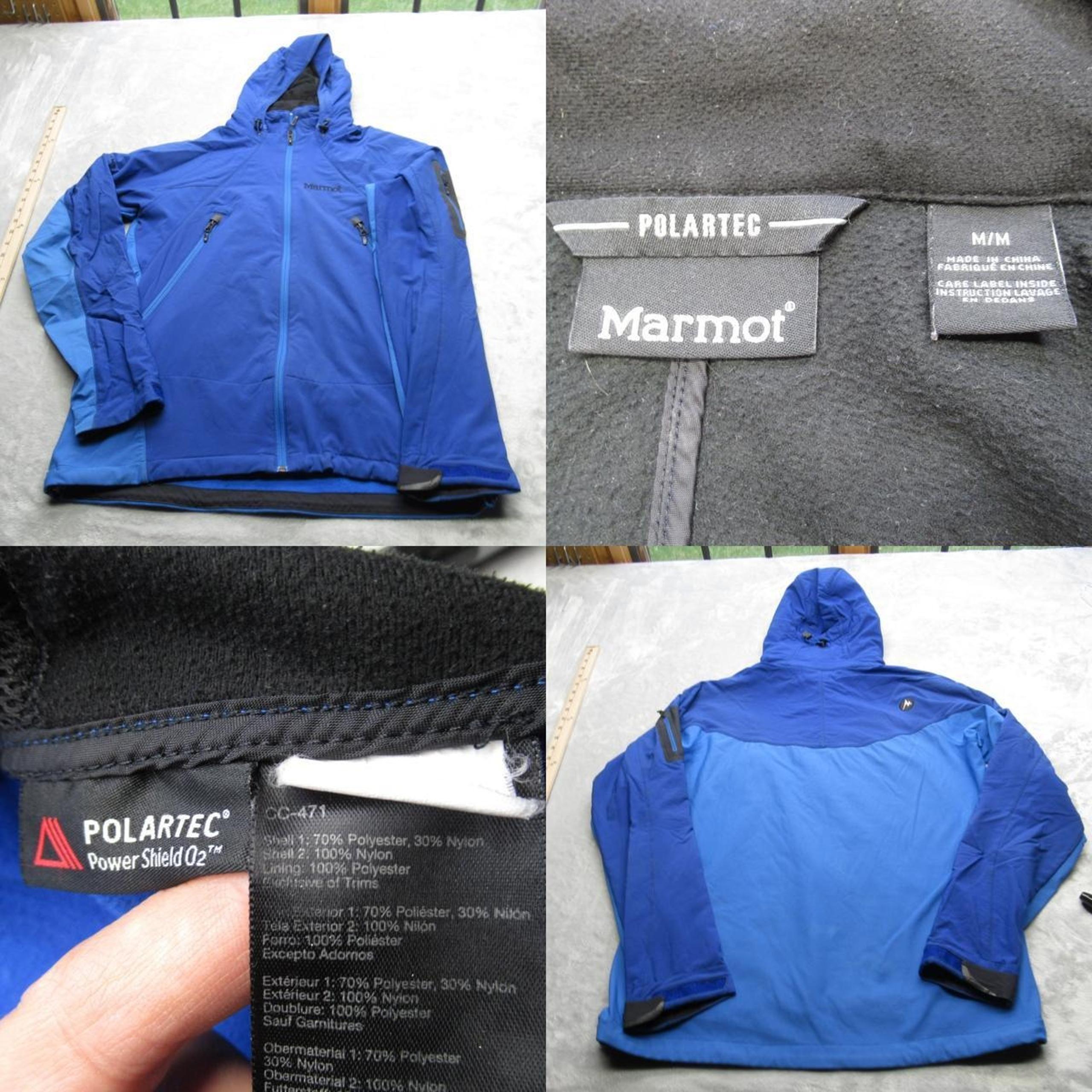 Marmot Jacket Mens Medium Blue Hood Conceal Carry Polartec Full Zip Soft Shell