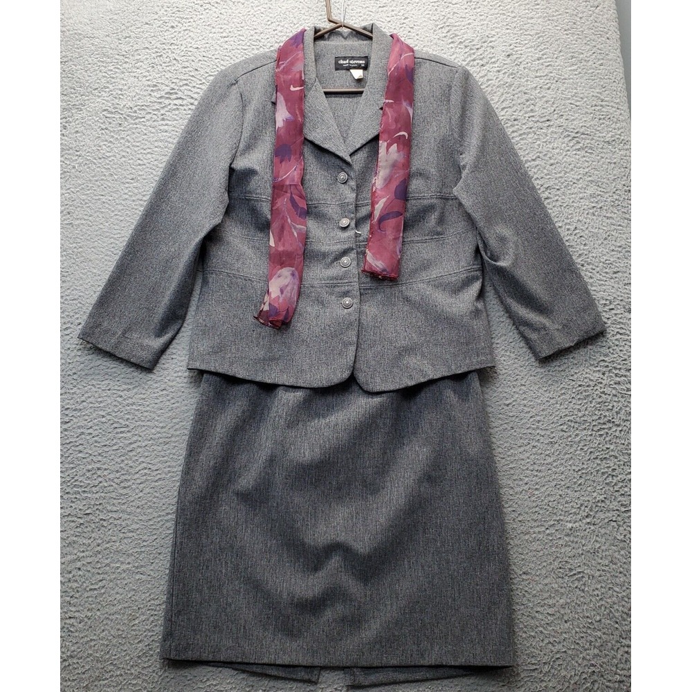 Chad Stevens 2 Piece Skirt Suit Women Petite 14 Gray Single Breasted Notch Lapel