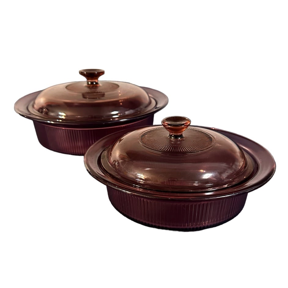 Pyrex Corning Ware Visions Cranberry Ribbed Covered Round Casserole 4 Piece Set