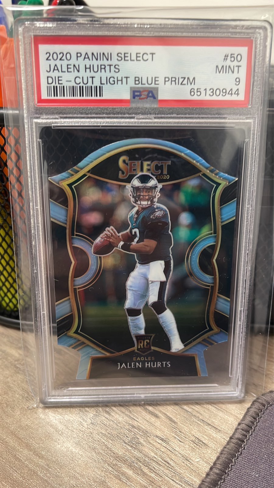 Jalen Hurts light blue die cut PSA 9