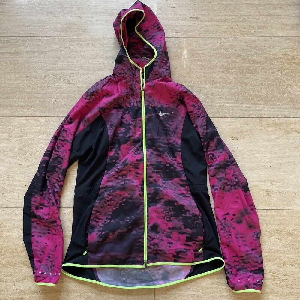 Women's Nike Running Waterproof Windbreaker Jacket Size M Pink Neon Green Piping