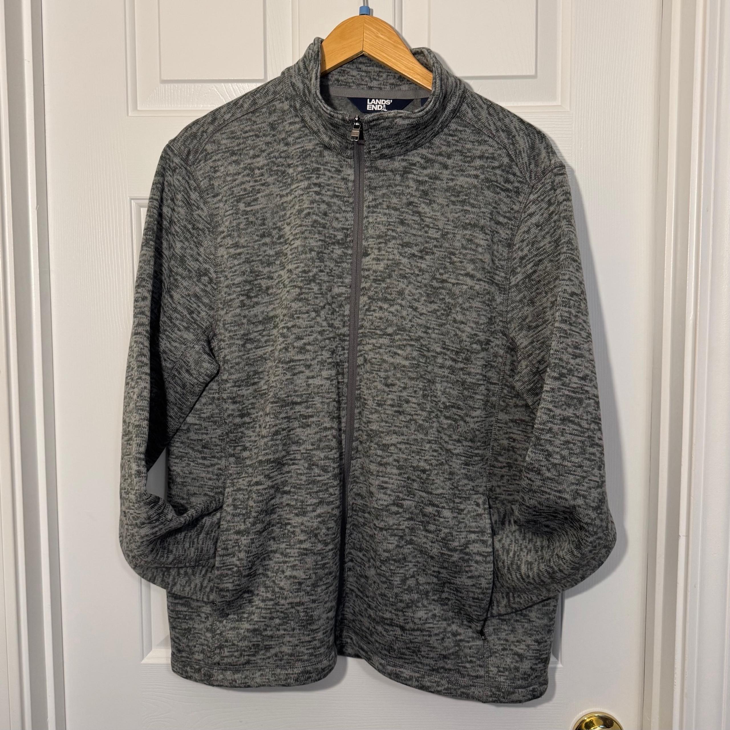 Land’s End Men’s Okeo-Tex Full Zip Sweater Jacket L Grey/Black Front Zip Pockets