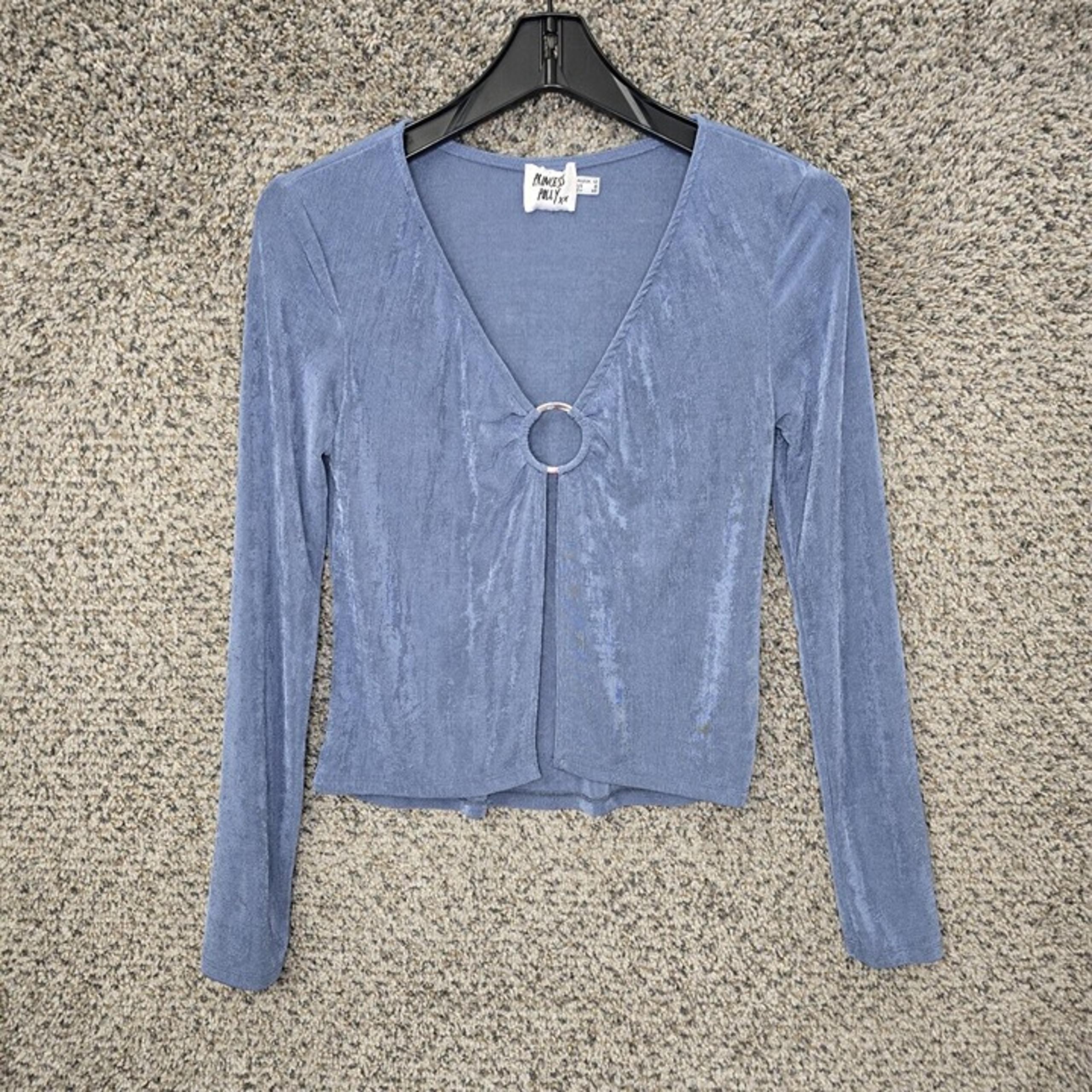 Princess Polly Top Womens 8 Blue Slinky Ember Ring Open Front Blouse Casual
