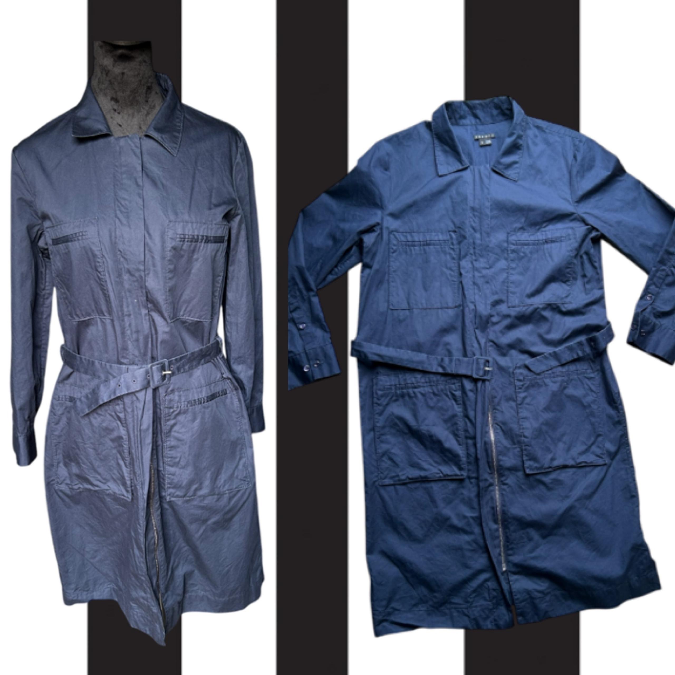 Theory Shirt Dress Navy BlueButton Front Belted Midi Knee Long Sleeve Stretch 10