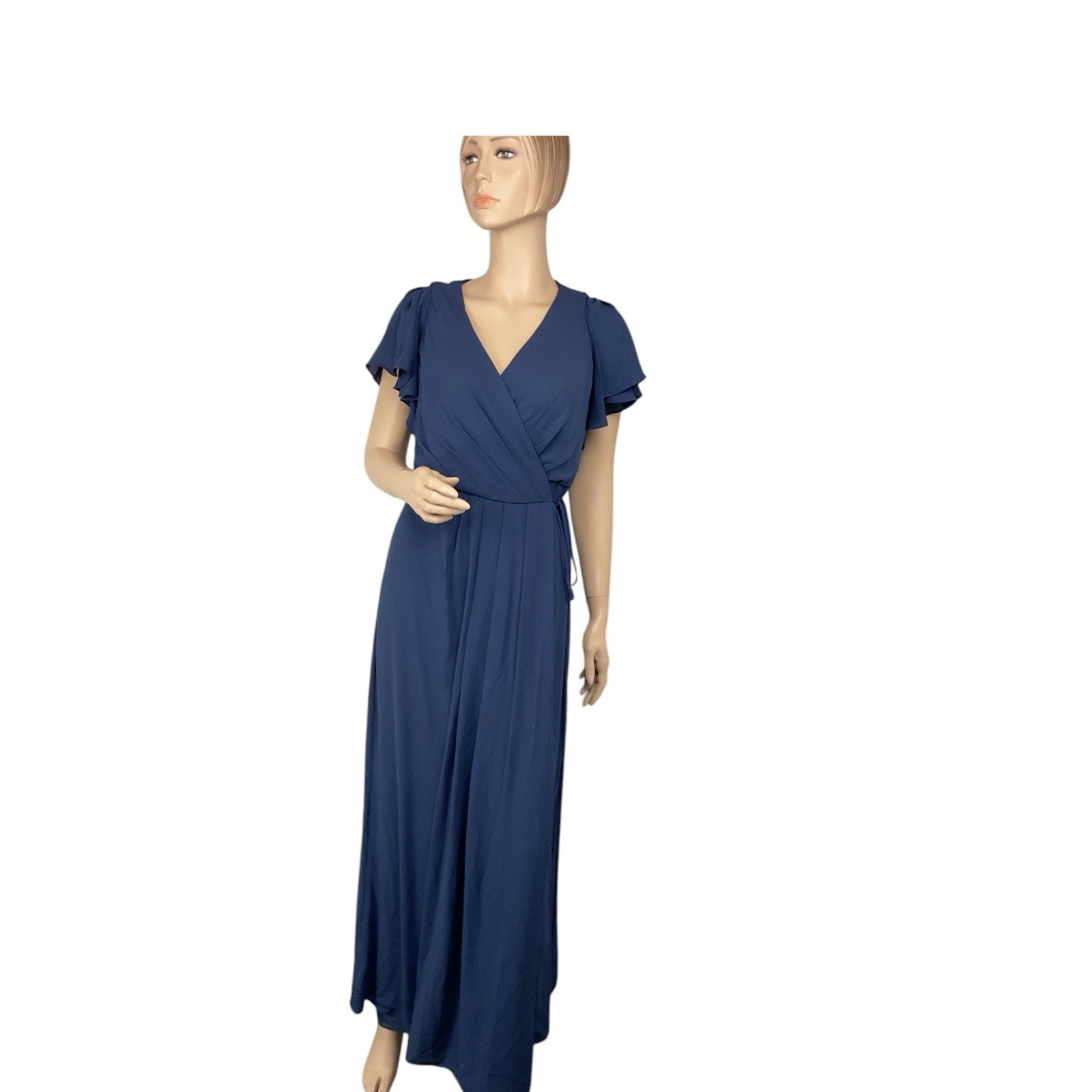 Flutter sleeves Long David Bridal wrap around ankle bridesmaid formal dress Navy