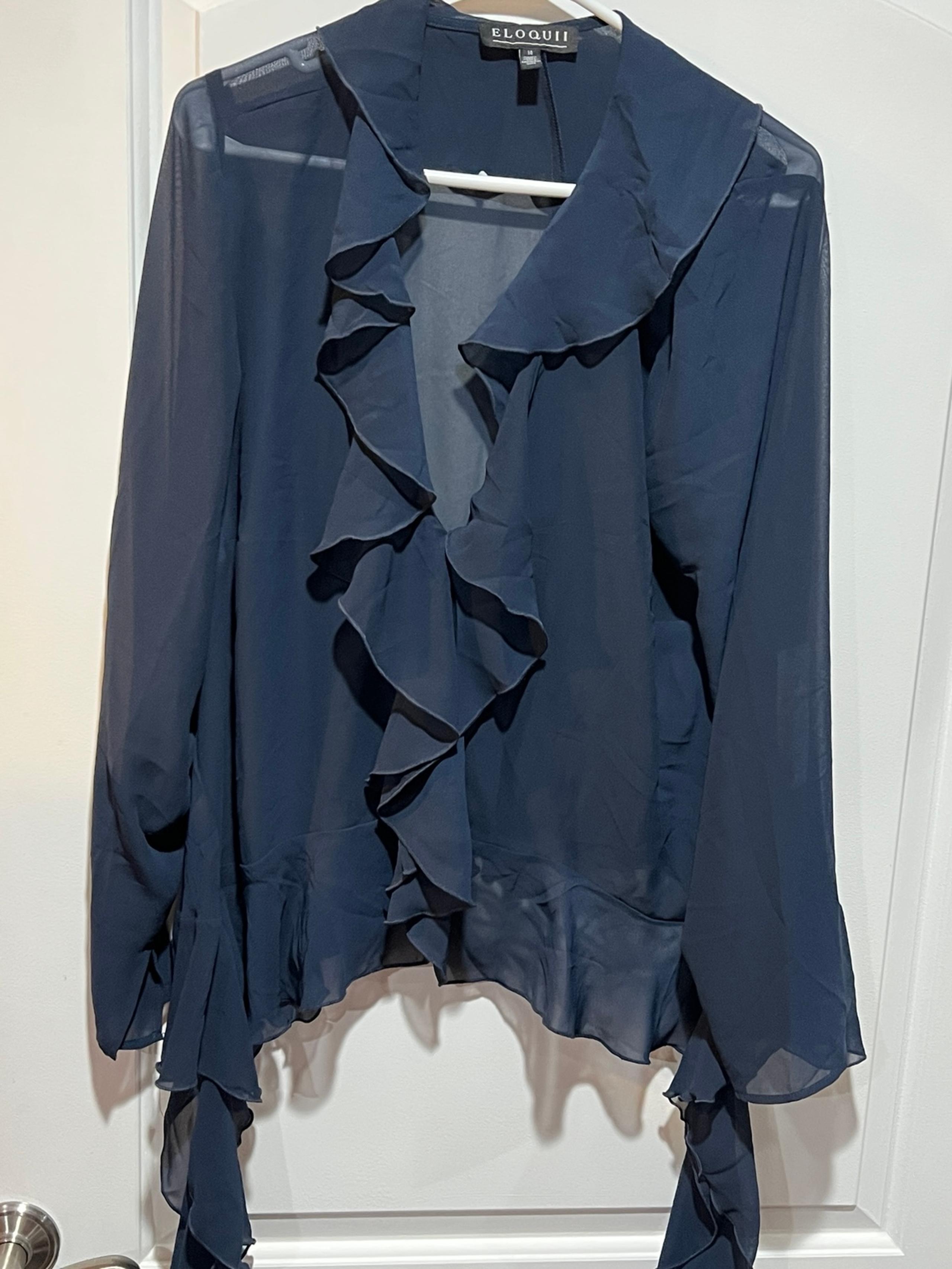 Eloquii Top Women’s size 14 Navy Blue Long Sleeve Sheer blouse Ruffles New