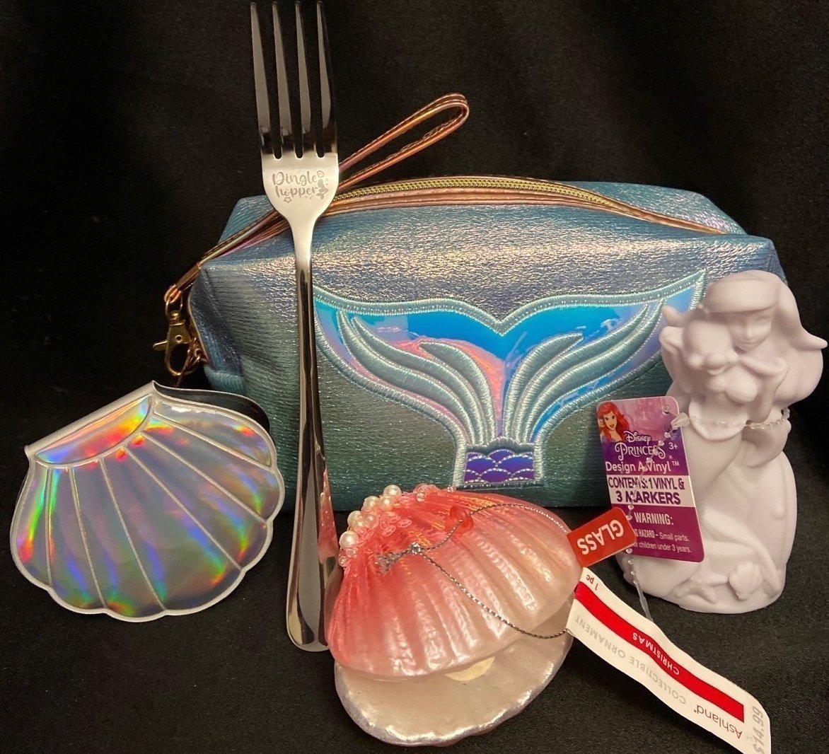 Mermaid Lot Ariel Lot Makeup Bag & Mirror Dingle Hopper Fork Sea Shells Gift Set