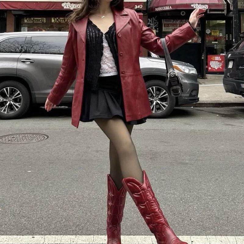 Vintage Clio Red Button Down Leather Jacket, Size Large