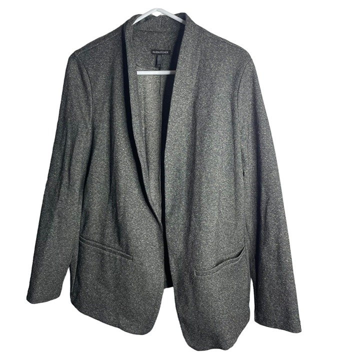 Eileen Fisher Tweedy Organic Cotton Knit Blazer Jacket Womens L Black