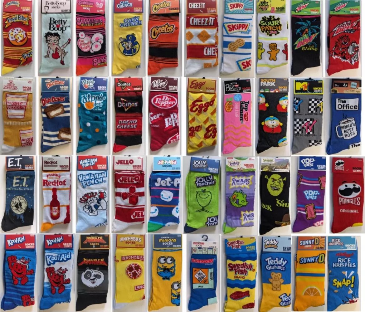 100 pairs novelty socks. Variety.