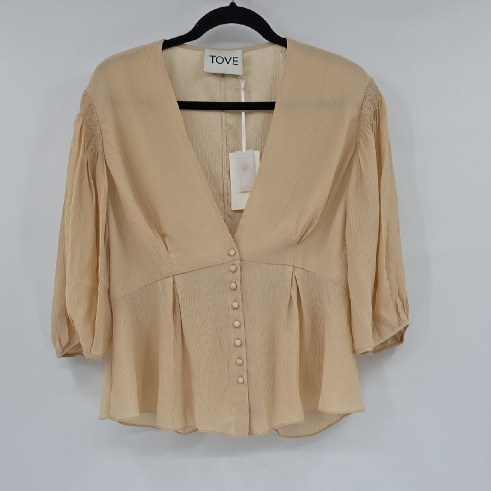 TOVE Ember Silk Tan Peplum Blouse with 3/4 Sleeves Size 42 =10