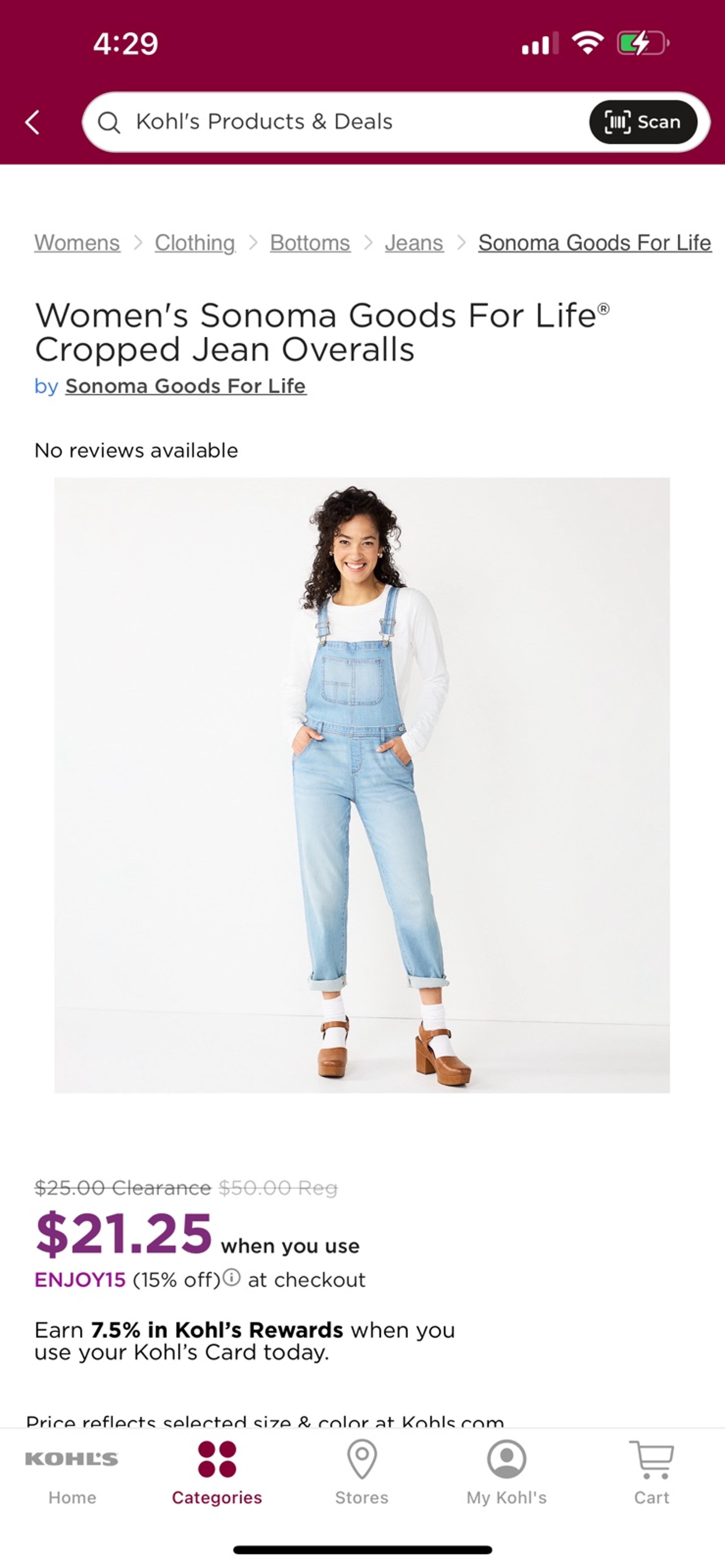 NWT   Women's Sonoma Goods For Life® Cropped Jean Overalls Large $50.00