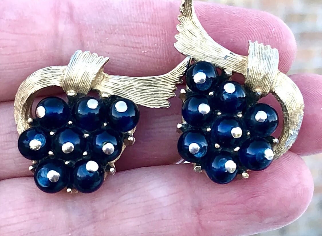 Heavy Vintage MCM Trifari Cobalt Blue Capped Glass Bead Clip Earrings