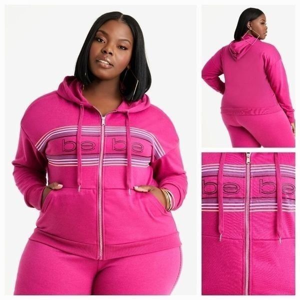 NWT Bebe Festival Fuchsia Stripe Logo Zippered Activewear Hoodie 1X