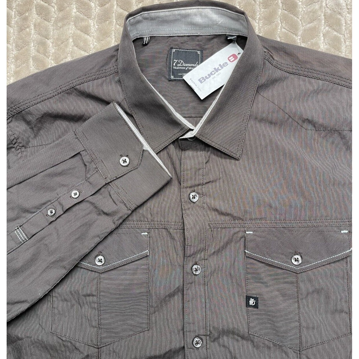 7 Diamonds Mens Large Long Sleeve Button Up Brown Shirt