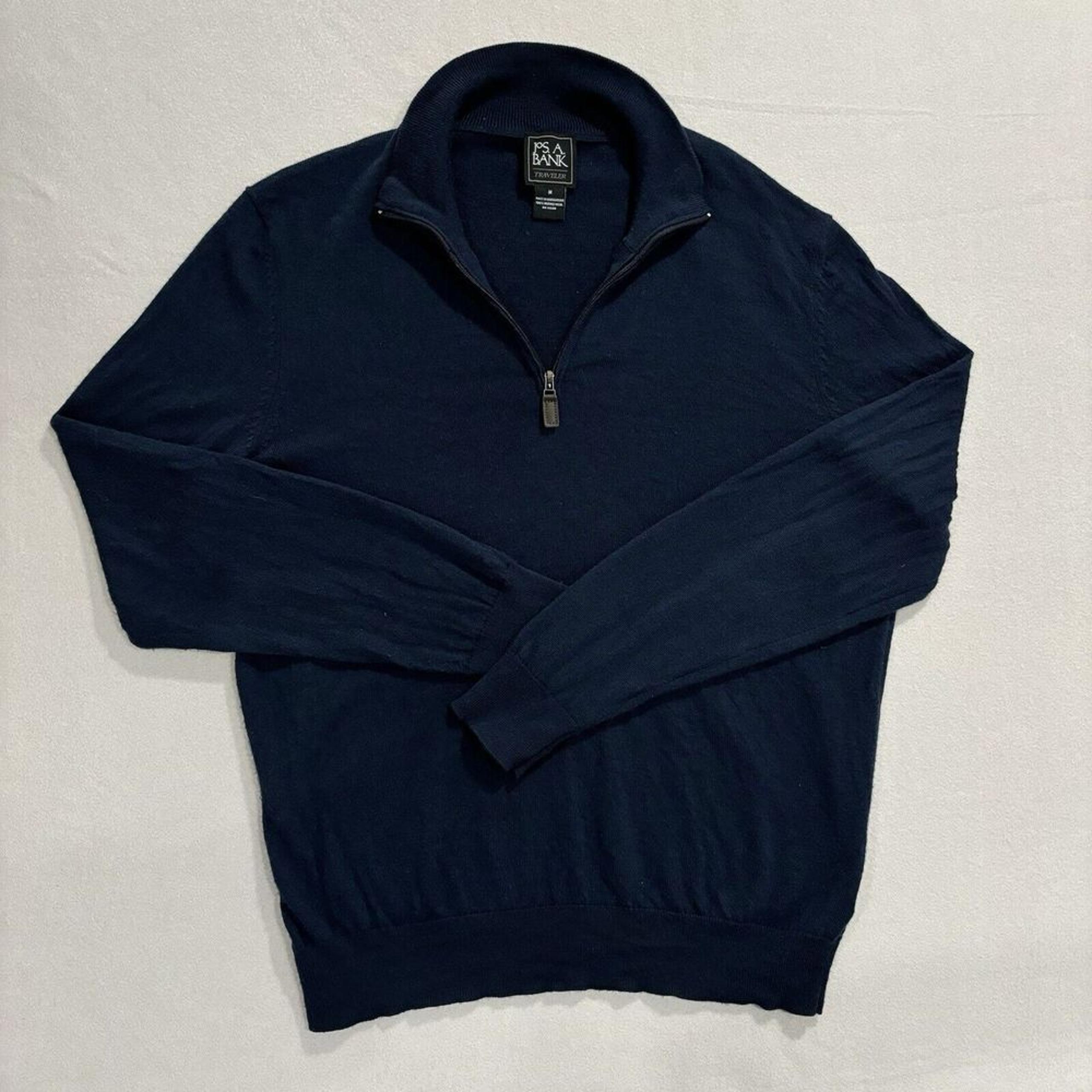 Jos A Bank Reserve MEDIUM 1/4 Q-Zip BLUE Pullover Merino Wool Sweater EXCELLENT