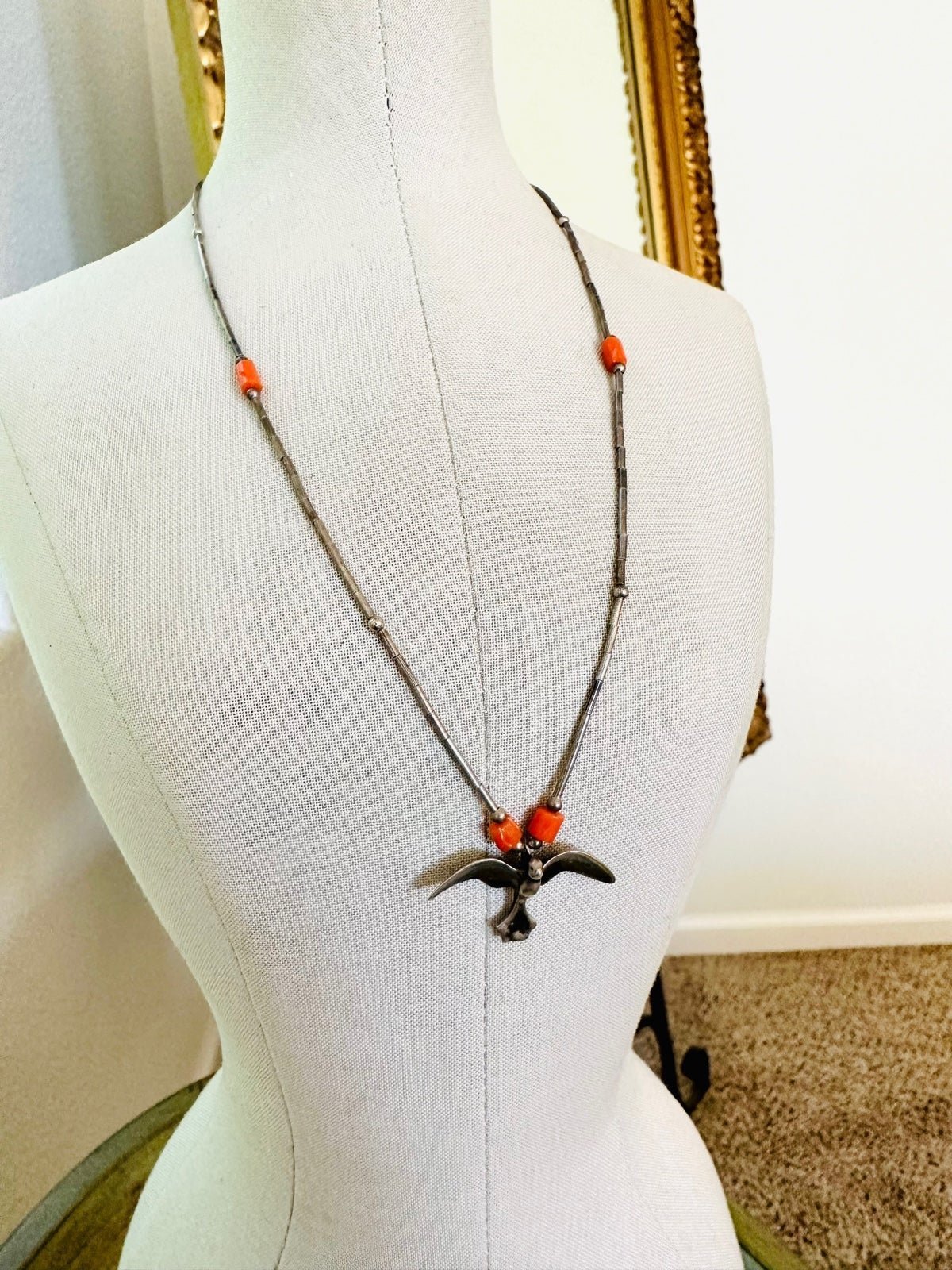 Vintage Liquid Silver Coral Sterling Bird Necklace