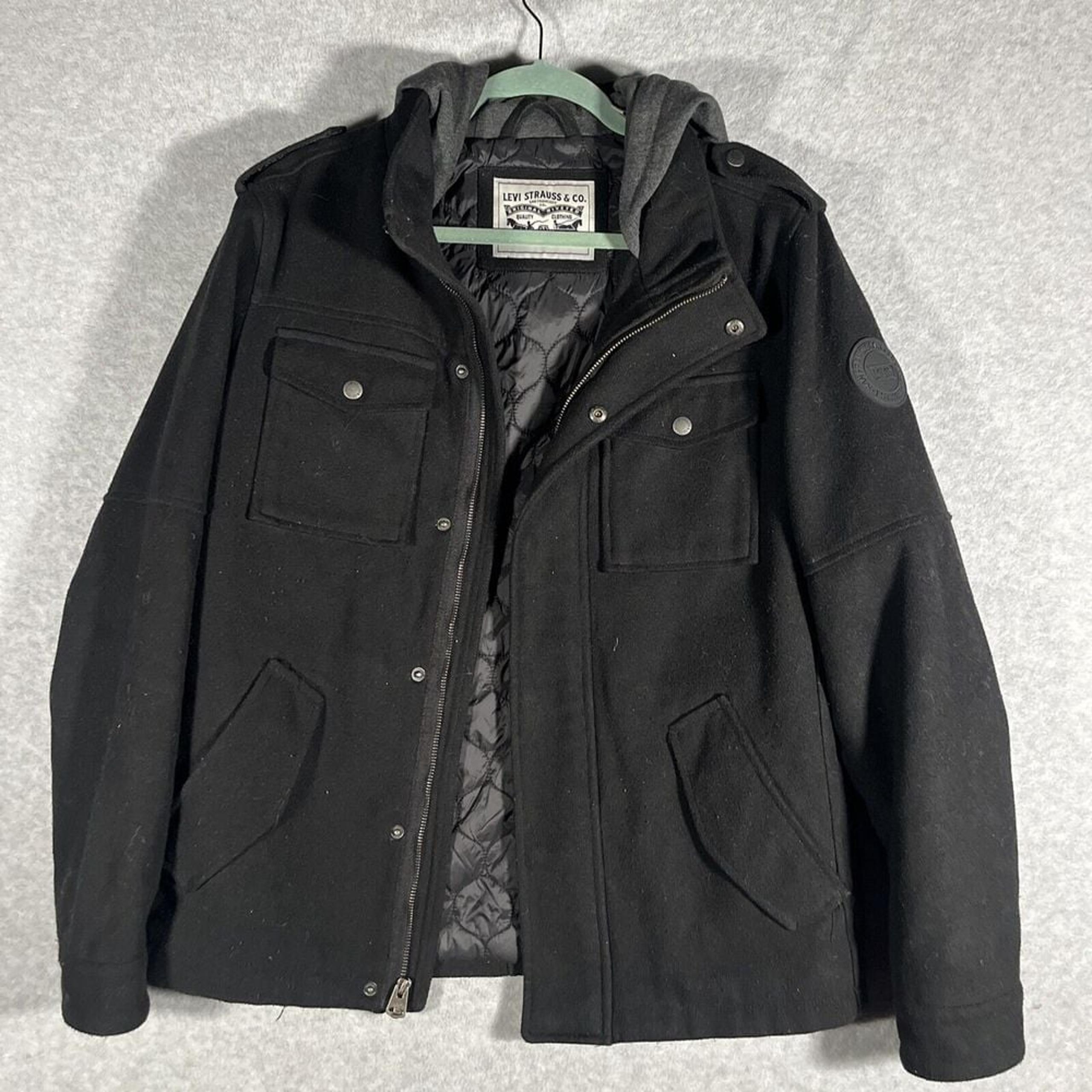 Levi's Mens Wool Bomber Jacket Small Black Full Zip Hooded Lined Chore Utility