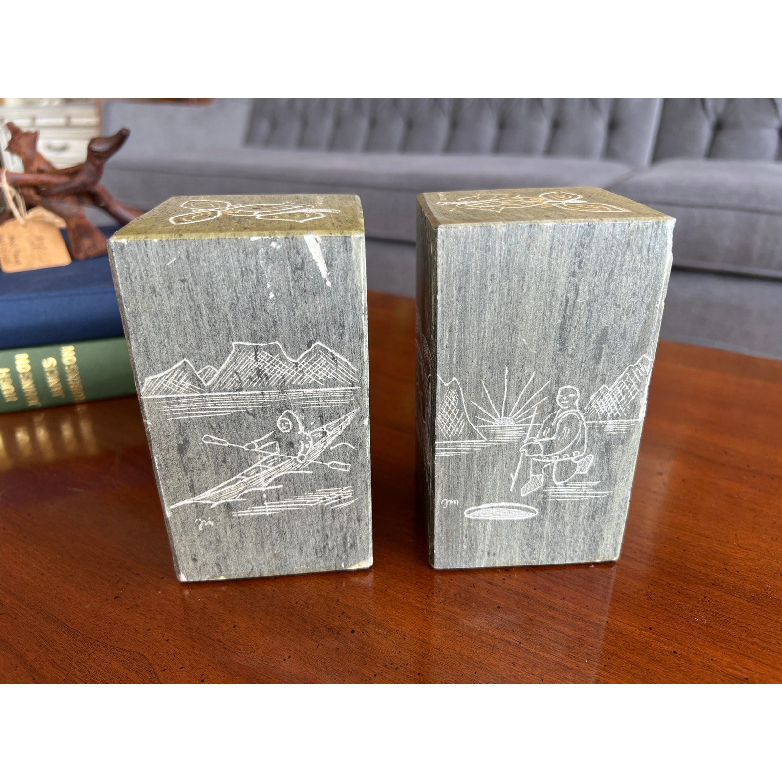 Authentic Inuit Carved Soapstone Bookends, Canada, Signed, Dimu, Trillium, 5