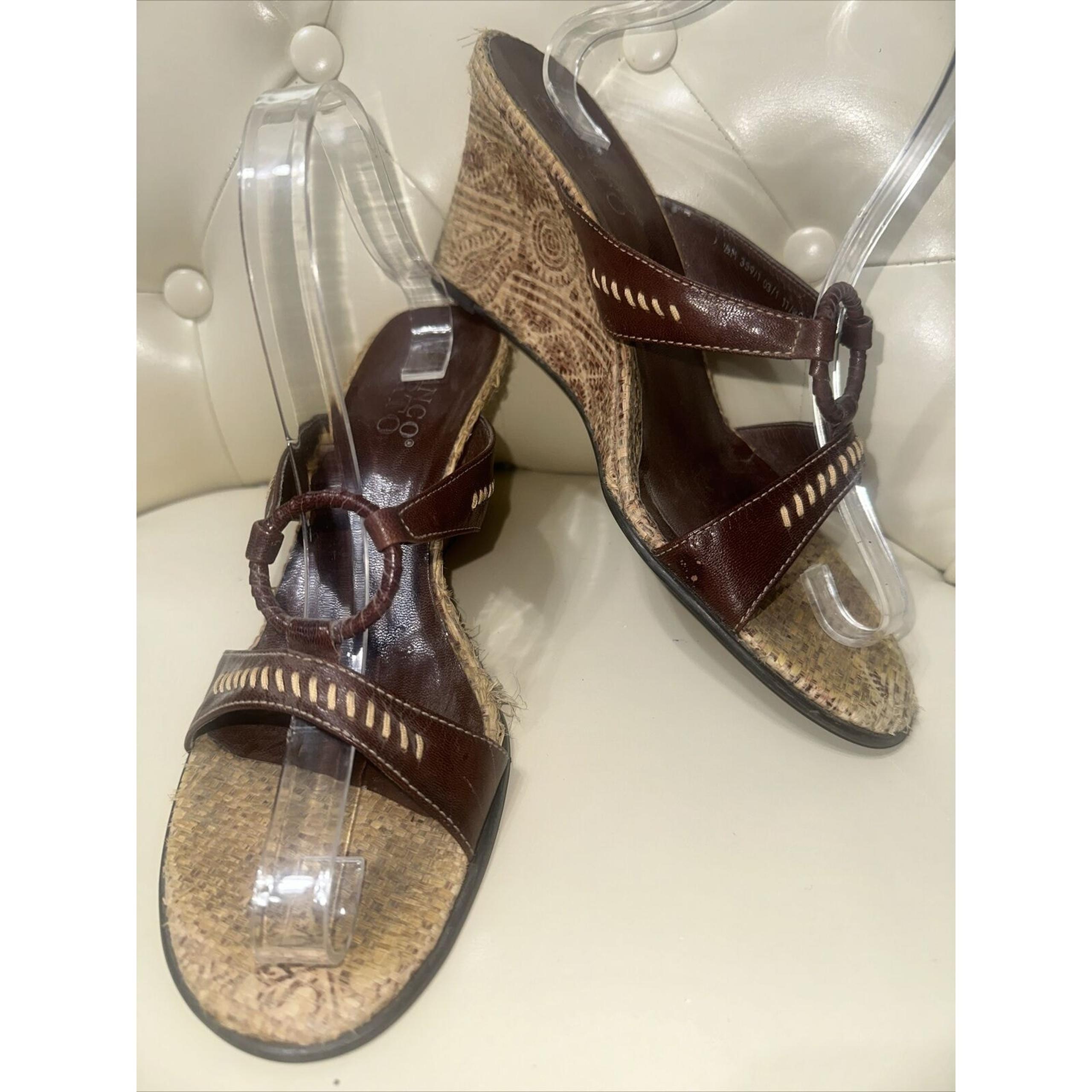 Brown Wedge Mule Sandals Strappy Tan Size 9.5 - Franco Sarto