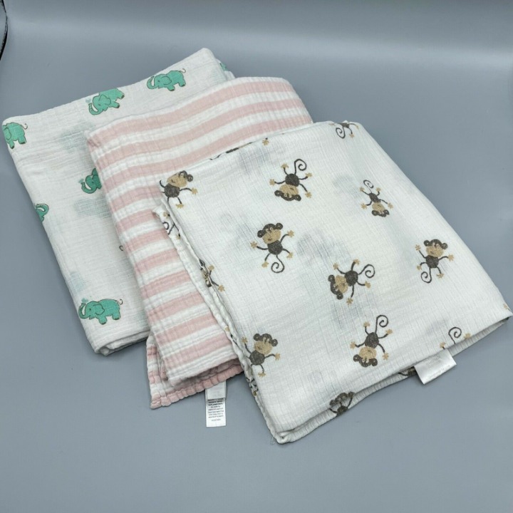 Lot Of 3 Swaddle Blankets Aden & Anais Nordstrom Baby Elephants Monkeys Stripes