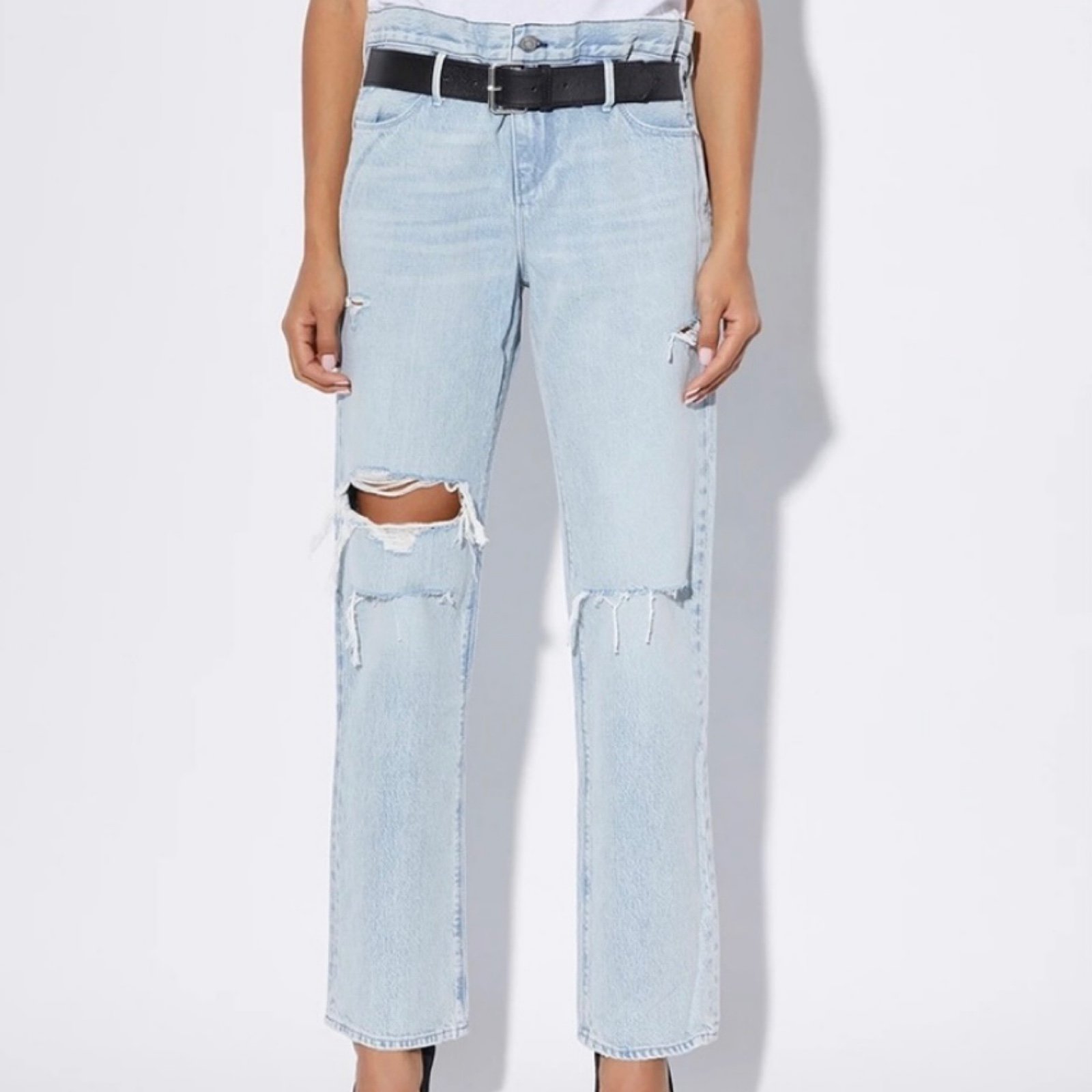 Distressed Light Wash Intermix RTA Wide-leg Low-rise jeans with built in belt