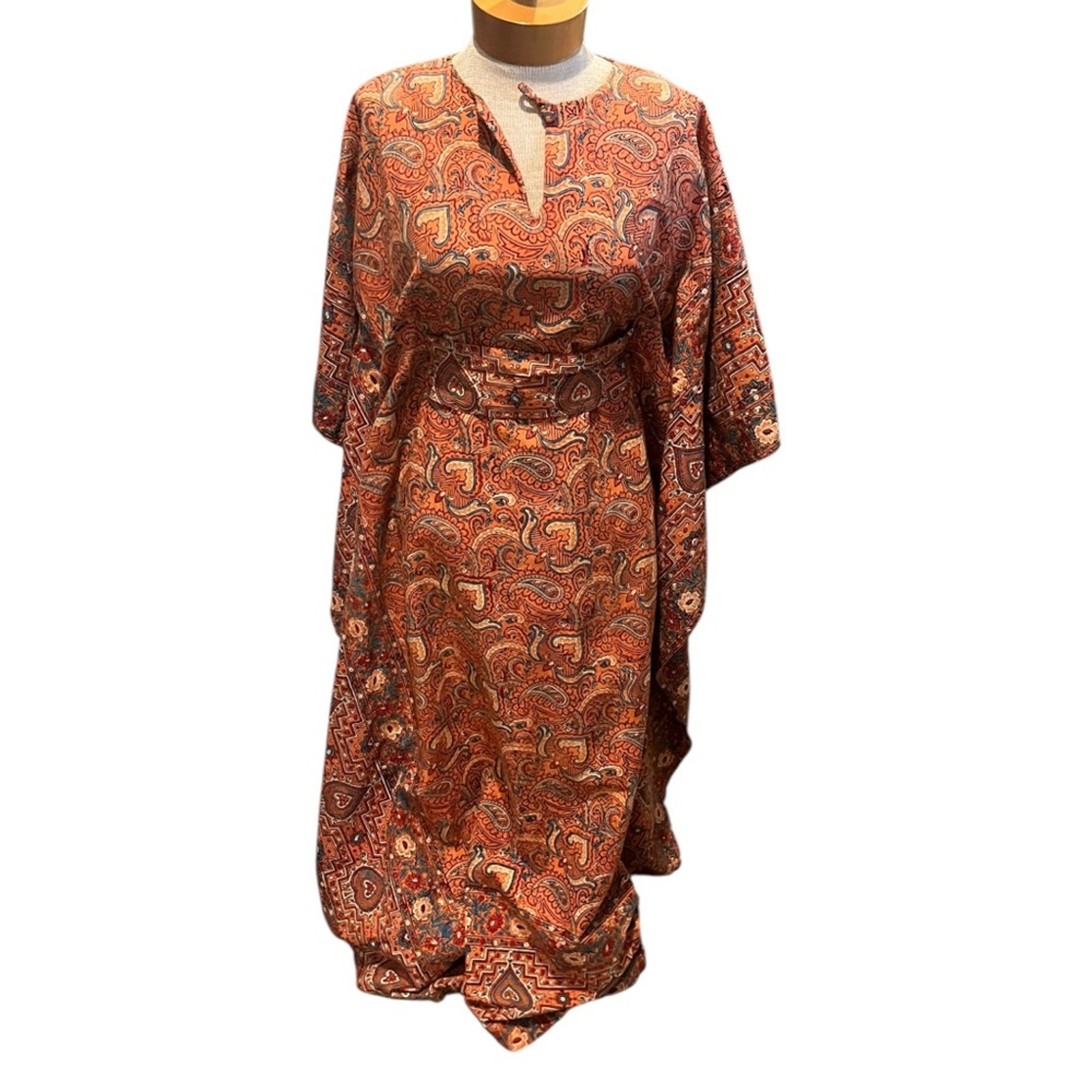 Vintage 60s Womens Paisley Caftan Bohemian Psychedelic M/L Orange Maxi Cotton