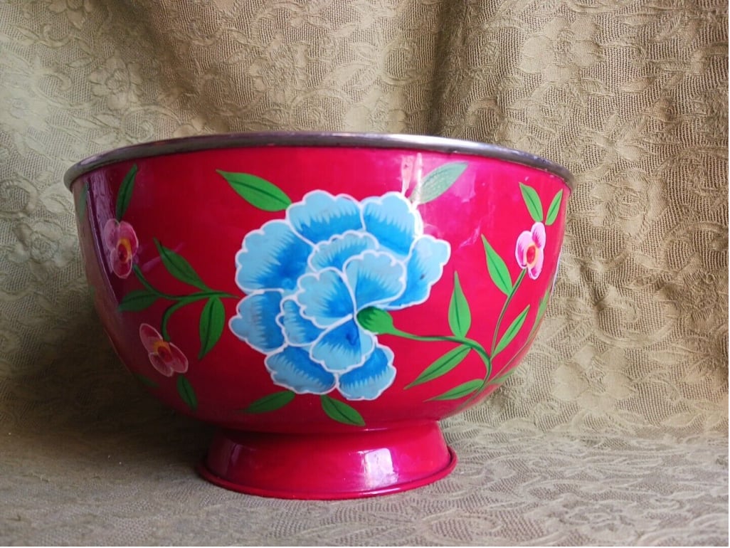 VTG RED Handpainted Blue Carnation Floral Metal Enameled Bowl Imported GIFT