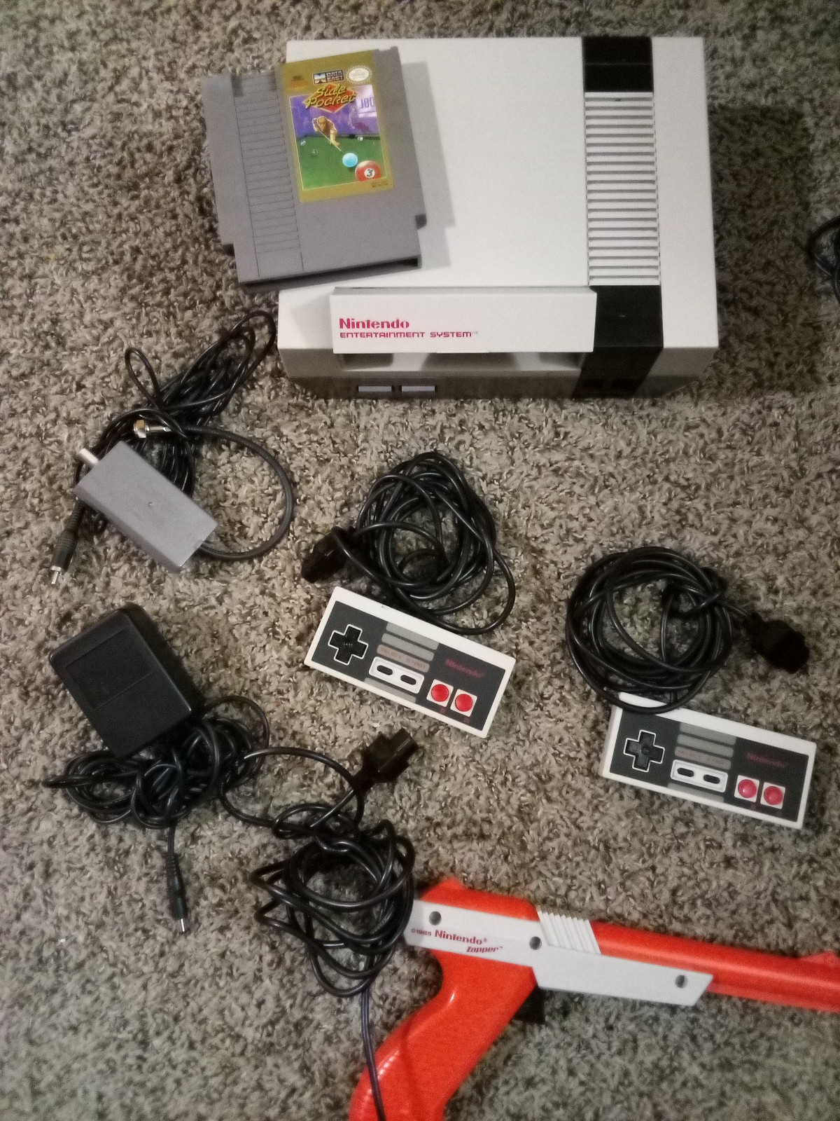 Orig.1985Nes, AC adapt & RC switch 2Controller orange zapper ,side pocket game