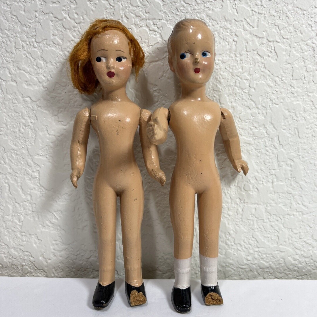 Vintage Wood Pulp Wooden Dolls - Boy and Girl - Black Feet - Moving Limbs